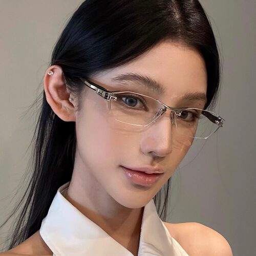 复古美式金属银色猫眼无框眼镜