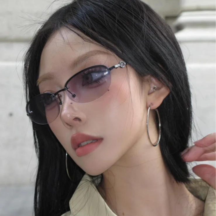 欧美辣妹风椭圆形猫眼金属镂空无框墨镜Y2K高级感街拍太阳镜女潮