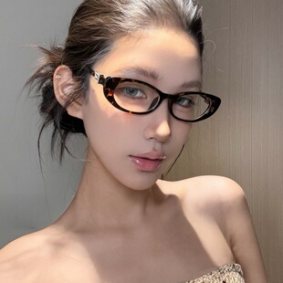 复古椭圆猫眼豹纹小窄框眼镜欧美辣妹风防蓝光配度数近视平光镜女