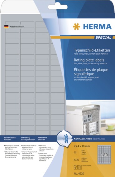 徳国豪玛哑光聚酯纤维银色标签, 适用在配件, 铭牌及库存使用, 给予不锈钢效果. 可防油, 防湿, 可在零下40度至150度内运行. 只可用黑白激光打印机或黑白复印机使用.
