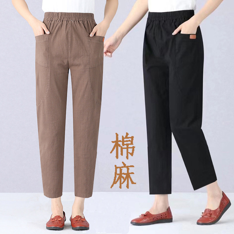 妈妈春夏休闲棉麻八分裤薄款图片
