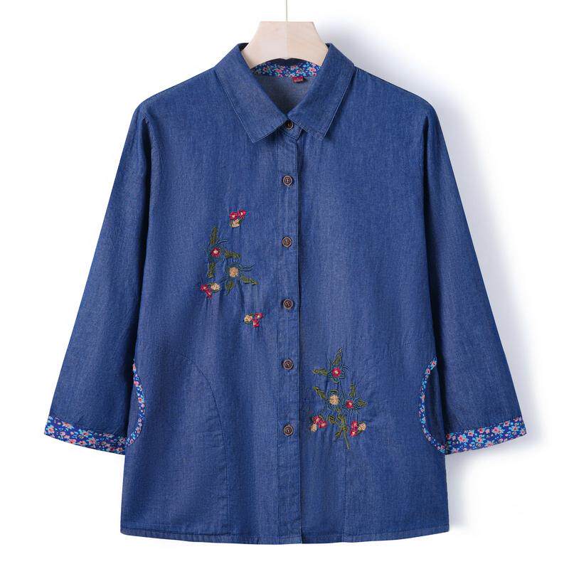 妈妈装七分袖牛仔衬衫纯棉中老年女全棉衬衣夏季薄款中袖奶奶上衣