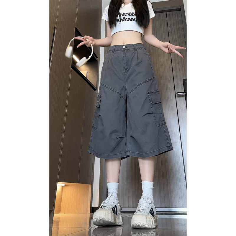 夏季新款美式高街褶皱工装七分裤女生宽松直筒休闲阔腿裤 D2505图片