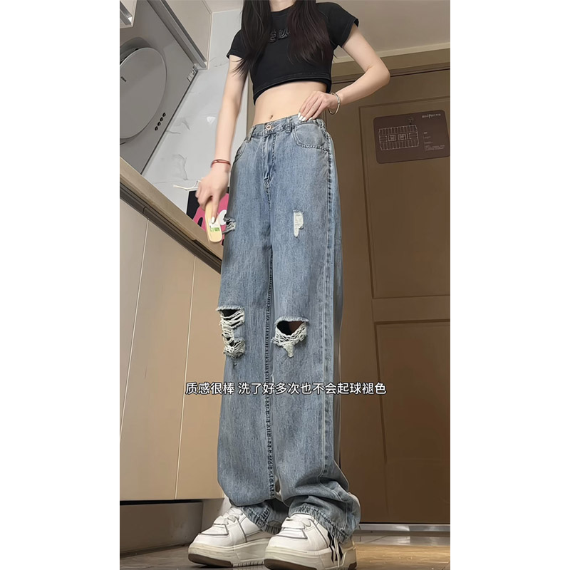 夏季新款美式薄款冰丝破洞牛仔裤女生潮流宽松直筒阔腿长裤KZ26,男装牛仔裤,电商B203
