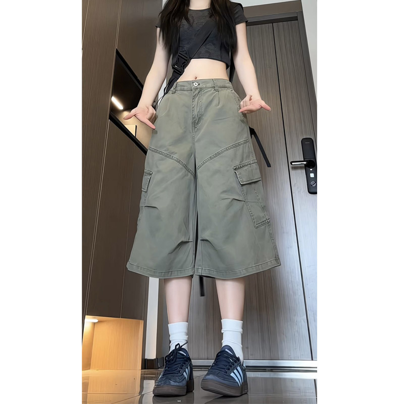 夏季新款美式高街褶皱工装七分裤女生宽松直筒休闲阔腿裤D2505,男装牛仔裤,电商B203