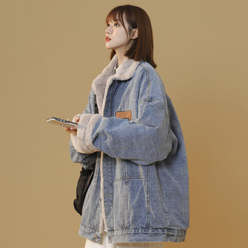冬季新款美式仿兔毛牛仔棉衣女生潮流宽松加绒加厚夹克外套MY77,男装夹克,电商B203
