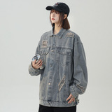 秋季美式高街复古破洞牛仔外套女夹克潮流宽松百搭上衣JK60P95，男装工装外套，电商B203