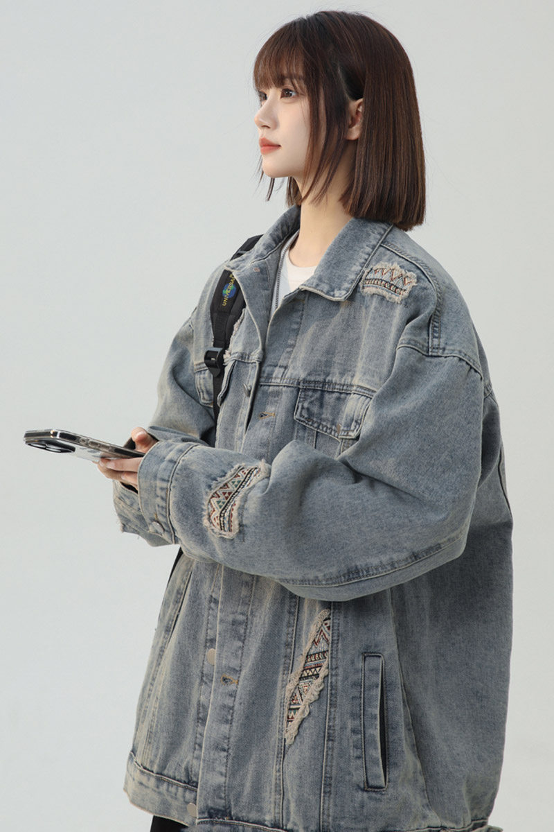 秋季美式高街复古破洞牛仔外套女夹克潮流宽松百搭上衣JK60P95,男装工装外套,电商B203