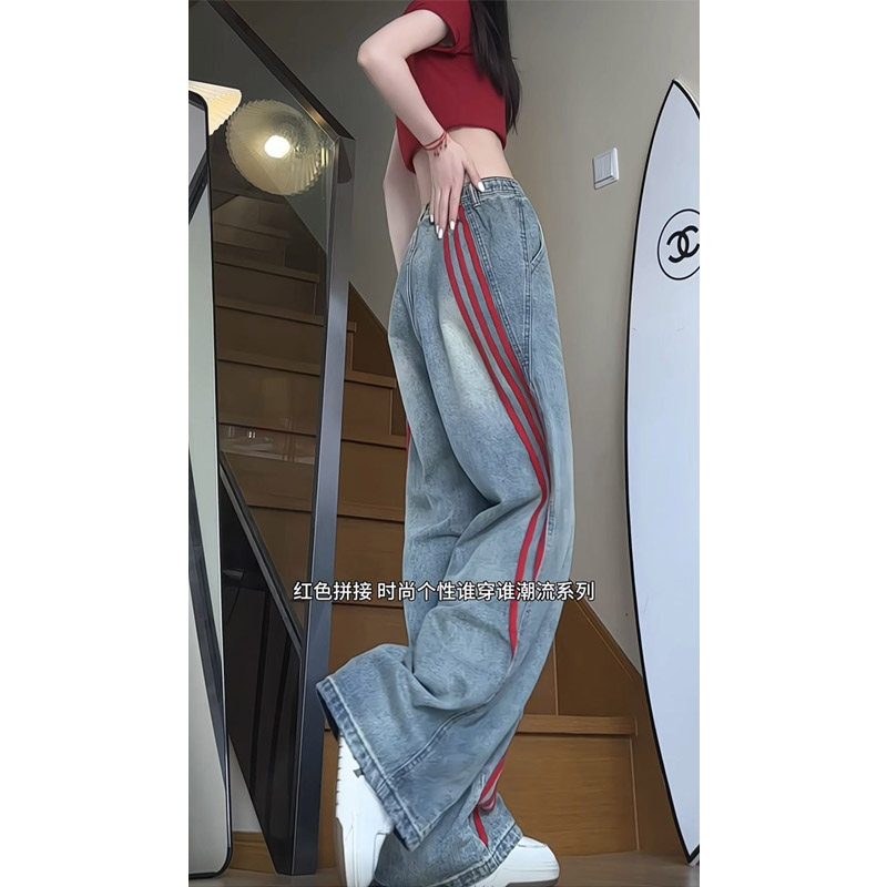 春秋季新款美式织带条纹拼接牛仔裤女生潮流宽松直筒长裤子KZ35,女装休闲裤,电商B203
