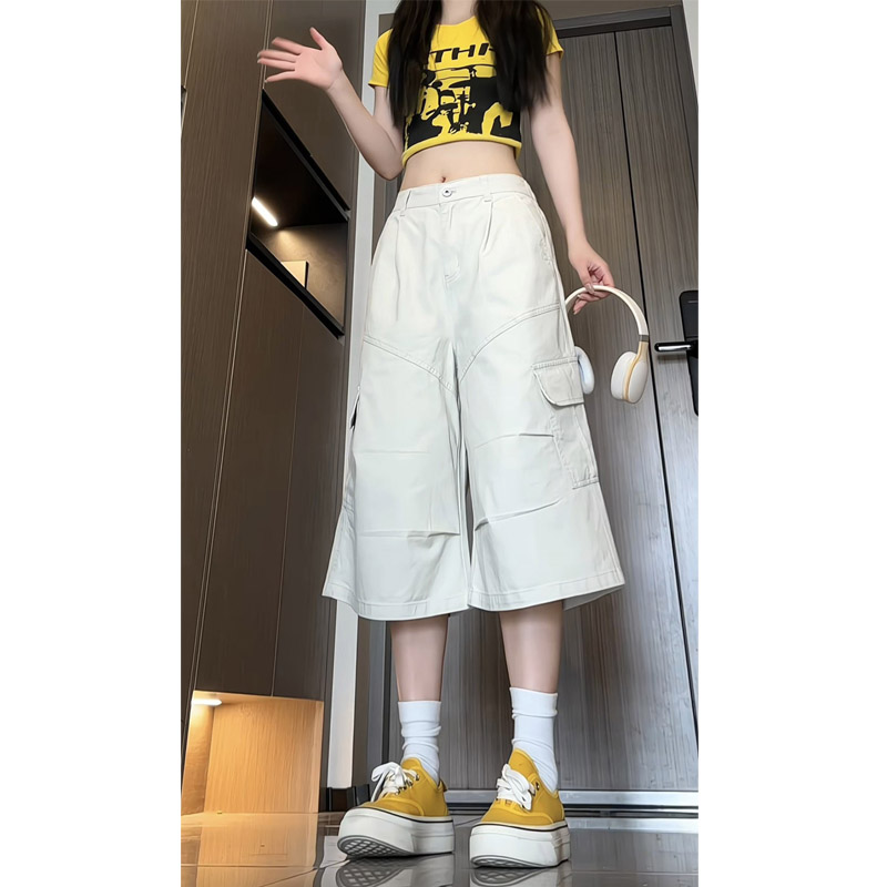 夏季新款美式高街褶皱工装七分裤女生宽松直筒休闲阔腿裤D2505,男装牛仔裤,电商B203