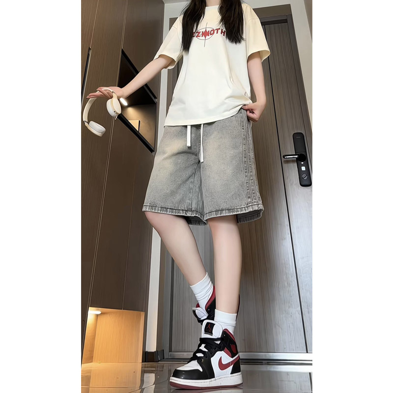 夏季新款美式高街复古水洗牛仔短裤女生潮流宽松直筒五分裤 2534图片