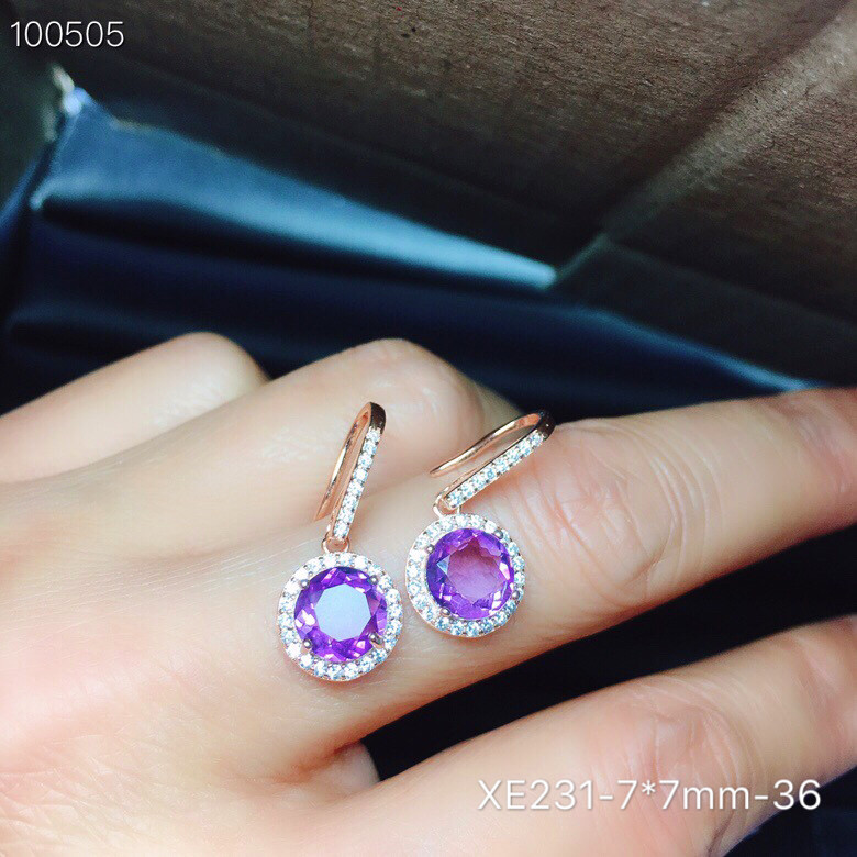 S  상감 천연 자수정 귀걸이 메인 스톤 7*7MM 절묘한 클래식 색상 아름답고 훌륭한 가치