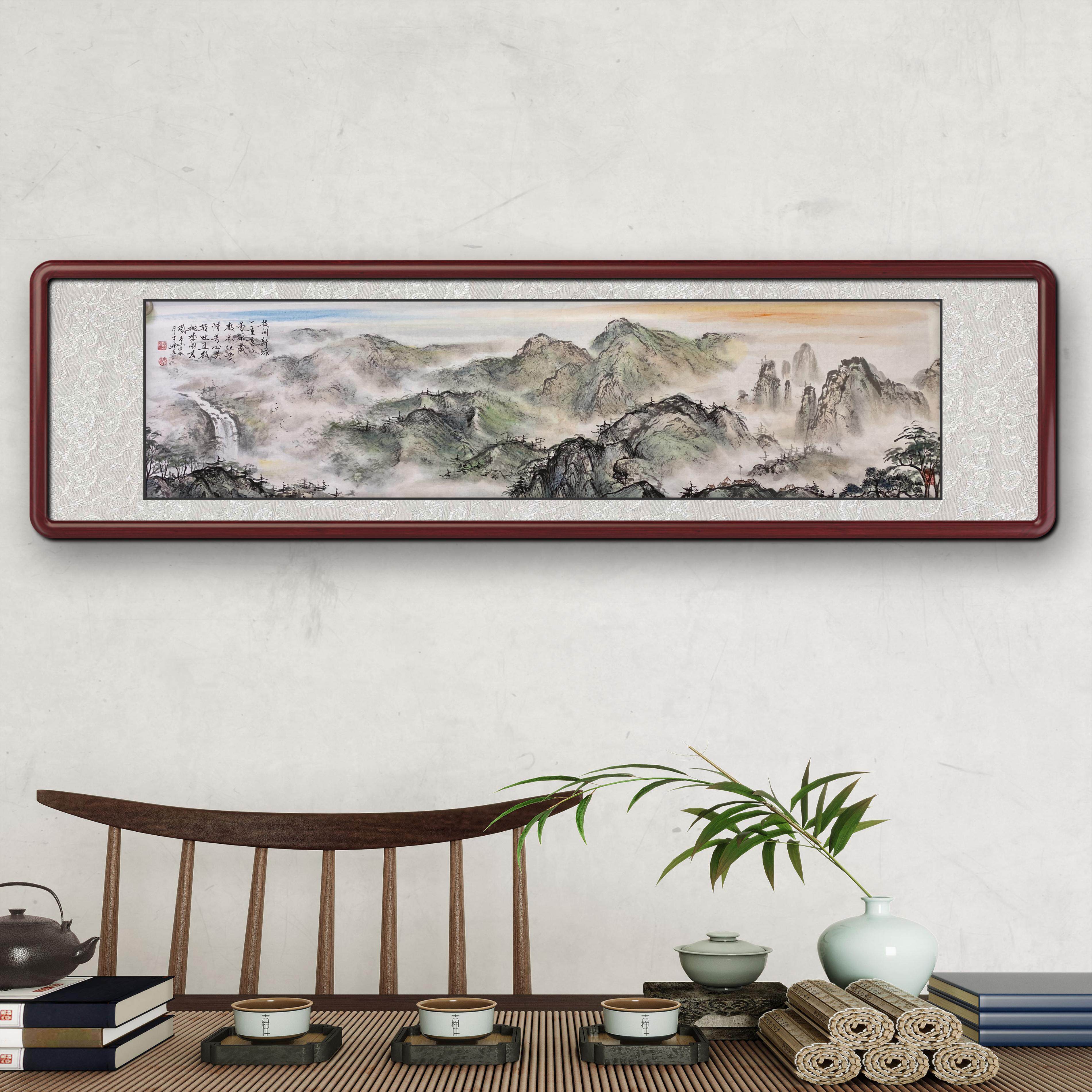 新中式手绘山水画风景画客厅装饰画卧室书房水墨画办公室挂画带框