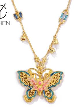 国潮新中式古法珐琅蝴蝶彩项链女2025国风锁骨链精致花丝百搭颈链