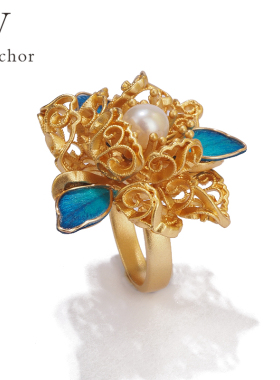 原创设计珐琅彩蓝色绒花牡丹戒指