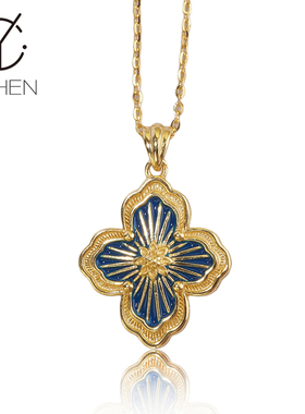 原创设计国风精致超闪珐琅彩宝蓝色四叶草项链女高级感锁骨链