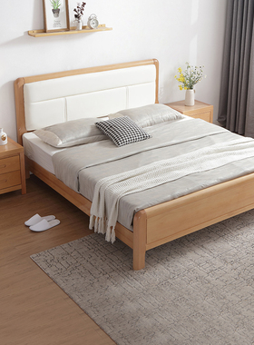 榉木实木床1.5米1.8米双人床工厂直销白色软包带储物主卧室婚床
