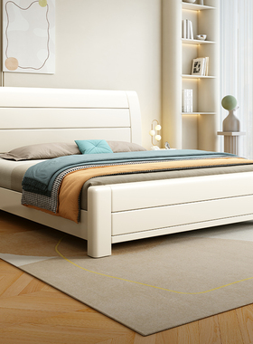 胡桃木全实木床白色奶油风双人床1.8m主卧储物床现代简约轻奢大床