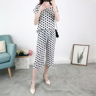 时尚夏季薄款绵绸阔腿裤套装家居时尚宽松大码绵绸两件套休闲短袖