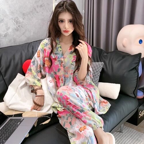 2026春夏新款棉绸人造棉家居服外穿时尚套装女装妈妈装空调服睡衣