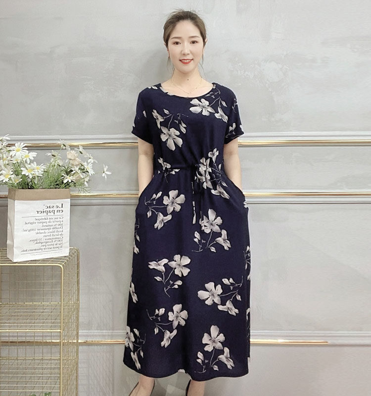 绵绸连衣裙女夏装2021新款中长款抽绳收腰显瘦50岁中老年妈妈长裙