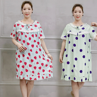 韩版 大码 花边长裙人造棉绵绸宽松薄款 甜美家居服 棉绸睡裙女夏短袖