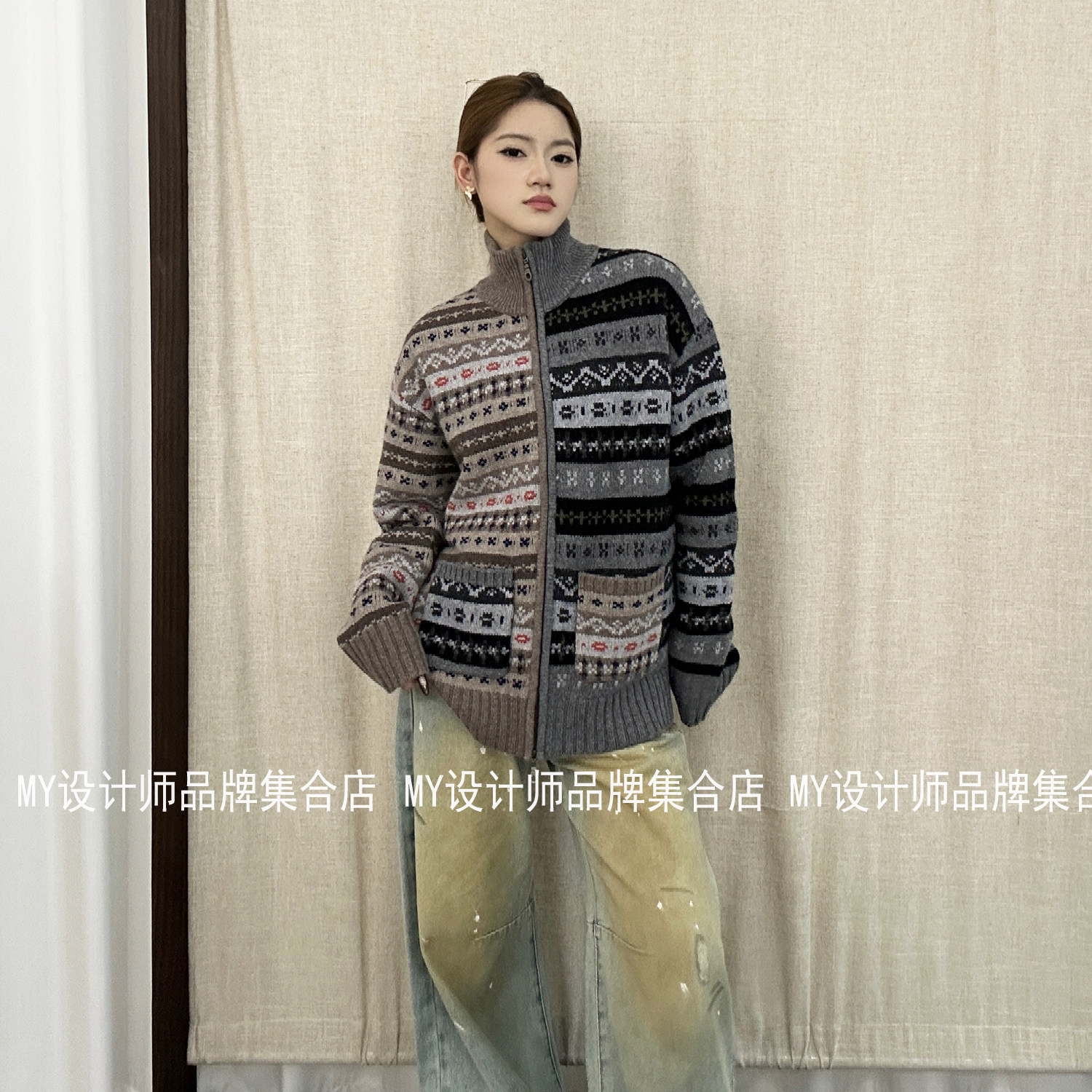 short sentence短句 费尔岛拼接翻领针织衫26AWKW22——3600