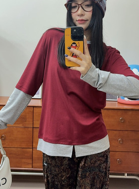 manzanilla撞色假两件开衩T恤ZT25AW060477——990