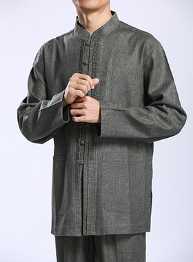 百福龙男唐装亚麻长袖上衣新款 民族风中年男装爸爸灰色 中国风