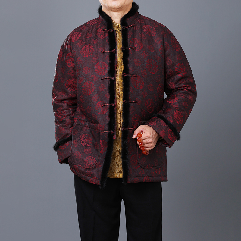 高档香云纱貂绒男士唐装冬装