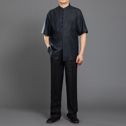 百福龙高档香云纱男士唐装夏装 桑蚕丝中式男装爸爸生日唐装大码