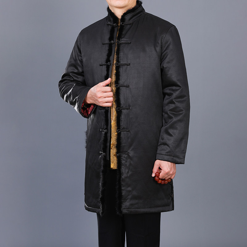 百福龙高档香云纱镶貂绒长款加棉风衣桑蚕丝中式冬季保暖长款外套,男装,唐装,淘宝优惠券,粉丝福利购,淘宝优惠卷