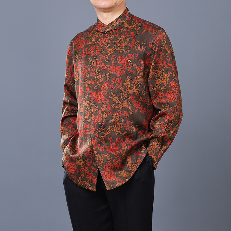 高档重磅中国风长袖立领衬衫春秋新款 新中式桑蚕丝上衣男士衬衫
