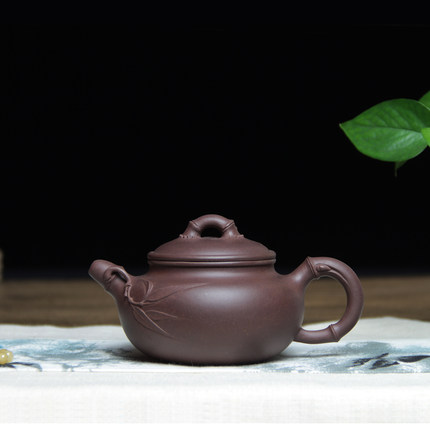 宜兴紫砂壶全手工名家沈卫国原矿紫泥竹节仿古壶小号茶壶 190毫升