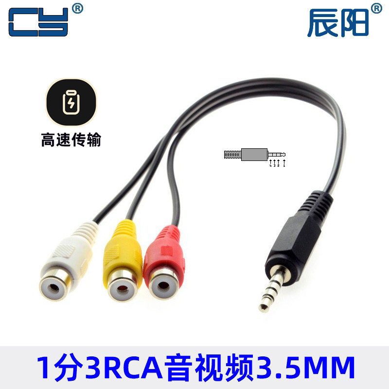 4极莲花头MP4 MP5 AV音频视频输出线3.5 转3RCA av一分三小米盒子