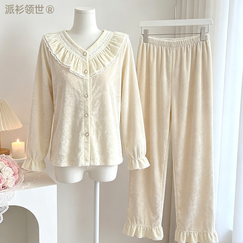 金丝绒开衫纽扣睡衣女荷叶边2026秋季宫廷精雅长袖开衫居家服套装