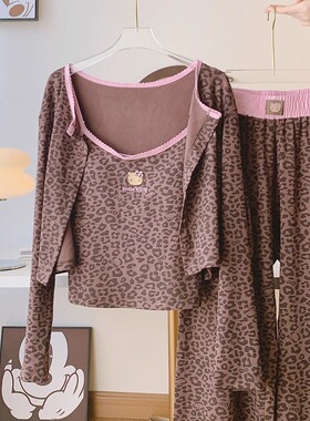 BM风秋冬新品少女感可爱甜美豹纹KT带胸垫三件套可外穿家居服睡衣