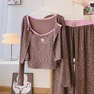 BM风秋冬新品少女感可爱甜美豹纹KT带胸垫三件套可外穿家居服睡衣