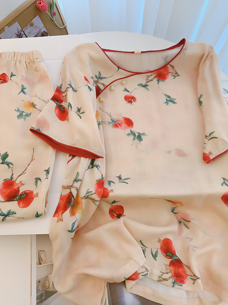 女全棉双层纱石榴家居服套装