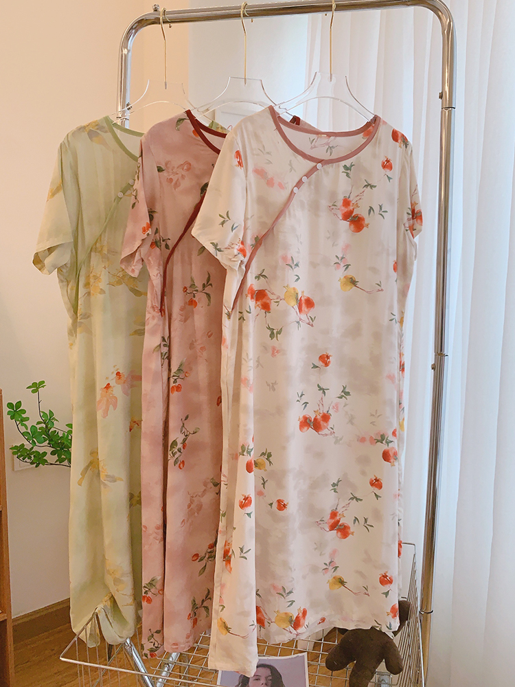 棉绸中长款夏天带胸垫新中式睡裙