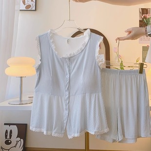 甜美少女感睡衣 夏季 新款 韩系条纹背心短裤 可外穿带胸垫家居服套装