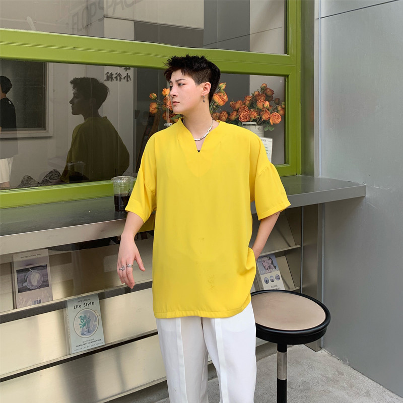 亮黄色小V领短袖T恤超薄冰丝垂感上衣男士夏季纯色极简打底衫体恤
