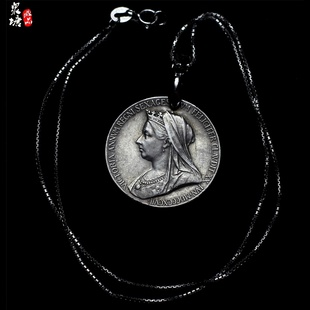 英国1897年维多利亚女王登基60周年纪念银章925银项链