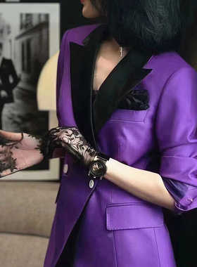 高级感紫色西装外套女英伦风宽松小个子垂感西服豹纹性感吊带长裙