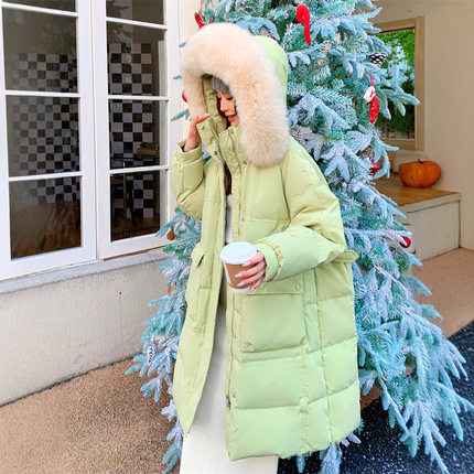 巨显瘦胖mm加肥加大码300斤长款加厚狐狸毛领连帽羽绒服外套女216