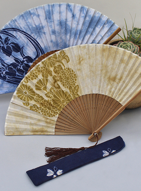 蓝言折扇手工扎染棉布扇子竹制蓝色中国风复古精品礼品扇装饰清仓