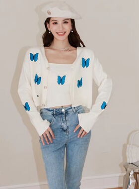 韩版赵圆媛同款EFONI 黑色白色蝴蝶刺绣背心两件套针织开衫女