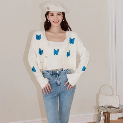 韩版赵圆媛同款EFONI 黑色白色蝴蝶刺绣背心两件套针织开衫女