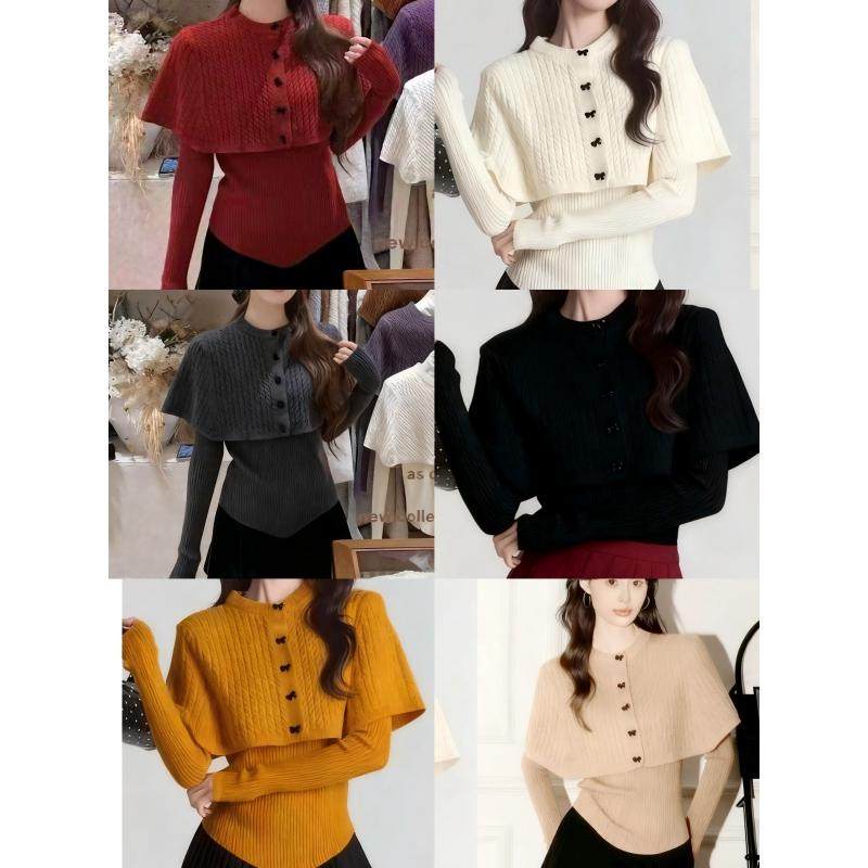 韩国东大门复古麻花立领针织衫女秋冬斗篷披肩v领蝴蝶结两件套女