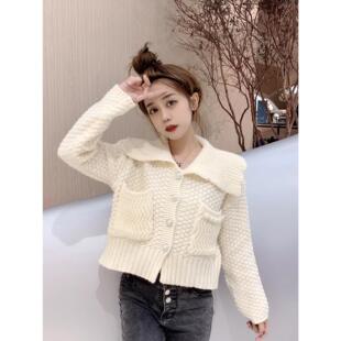 韩国时尚大翻领毛衣外套女秋季新款韩版洋气宽松外穿加厚针织开衫